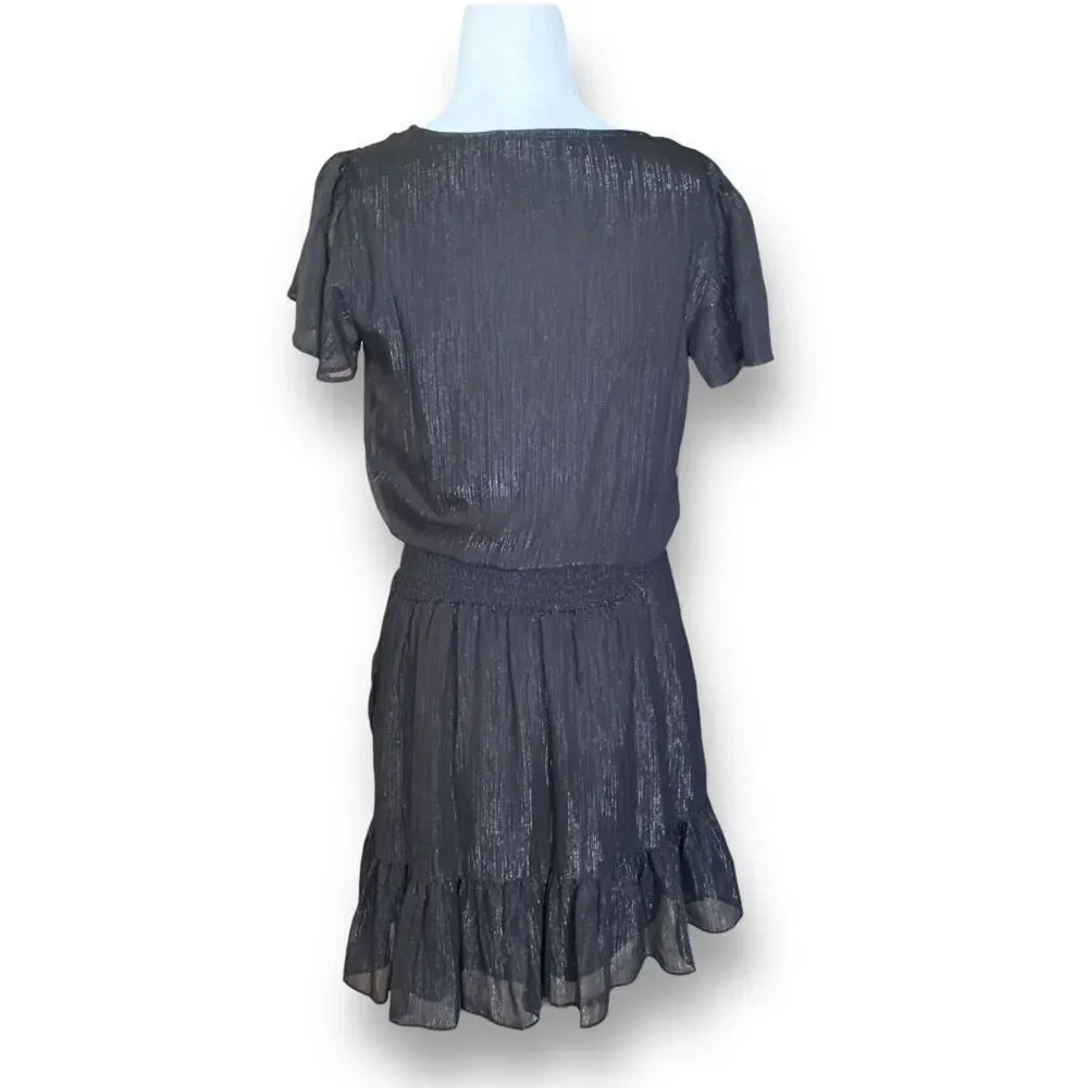 Michael Kors Dress‎ Faux Wrap Black Metallic Shimmer Asymmetrical Ruffle Sheer